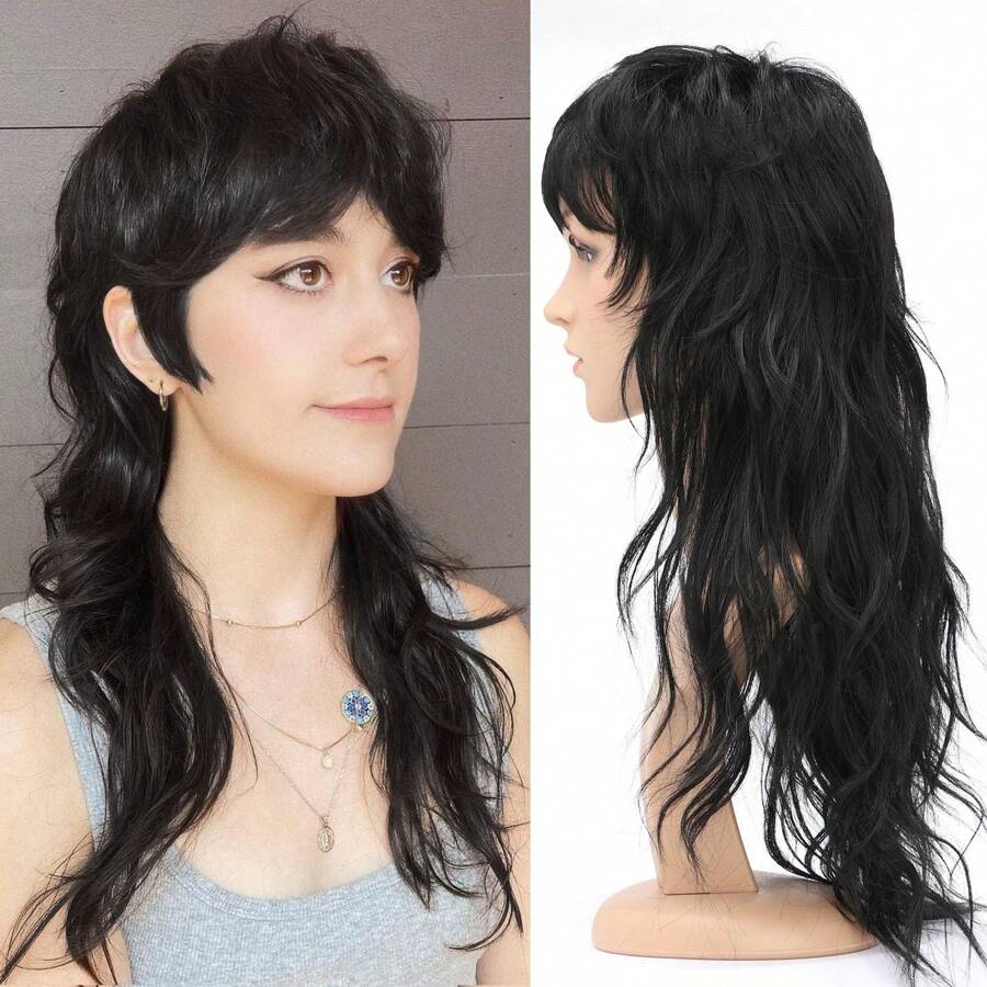 BESTUNG BESUTNG 80s 90s Mullet Wigs Pixie Cut Wigs With Bangs For Women, Wolf Wig Wavy Long Black Synthetic Split Wigs With Fringe Mullet Wig For Women Long Cosplay Wig What Is Suitable For Halloween Christmas Day Thanksgiving Day New Year's Day Cosplay Daily Party Holiday Gifts(22inch) - 黑色 - 查看 1