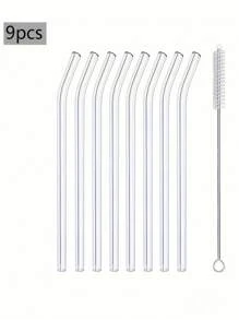 Ensemble de 9 pailles en verre avec brosse de nettoyage - pailles réutilisables coudées et droites pour boissons, cocktails - parfait pour la maison, les fêtes, les bars, les boutiques de bubble tea. Cadeau de Noël, fournitures scolaires