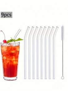 Ensemble de 9 pailles en verre avec brosse de nettoyage - pailles réutilisables coudées et droites pour boissons, cocktails - parfait pour la maison, les fêtes, les bars, les boutiques de bubble tea. Cadeau de Noël, fournitures scolaires