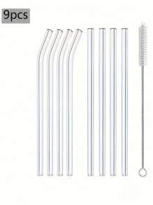 Ensemble de 9 pailles en verre avec brosse de nettoyage - pailles réutilisables coudées et droites pour boissons, cocktails - parfait pour la maison, les fêtes, les bars, les boutiques de bubble tea. Cadeau de Noël, fournitures scolaires