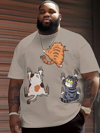 Plus Size Men's Casual Cartoon Print Crew Neck Short Sleeve T-Shirt