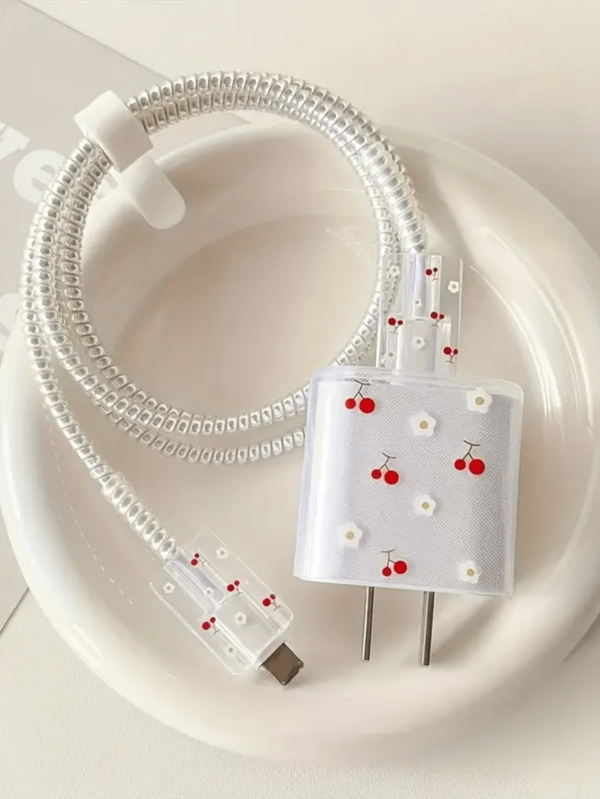 5pcs/Set Cherry Blossom Design Charger & Data Cable Protective Covers, Compatible With Apple 18W/20W Compatible With Iphone 14 Pro Cable Protector, Charger Protector