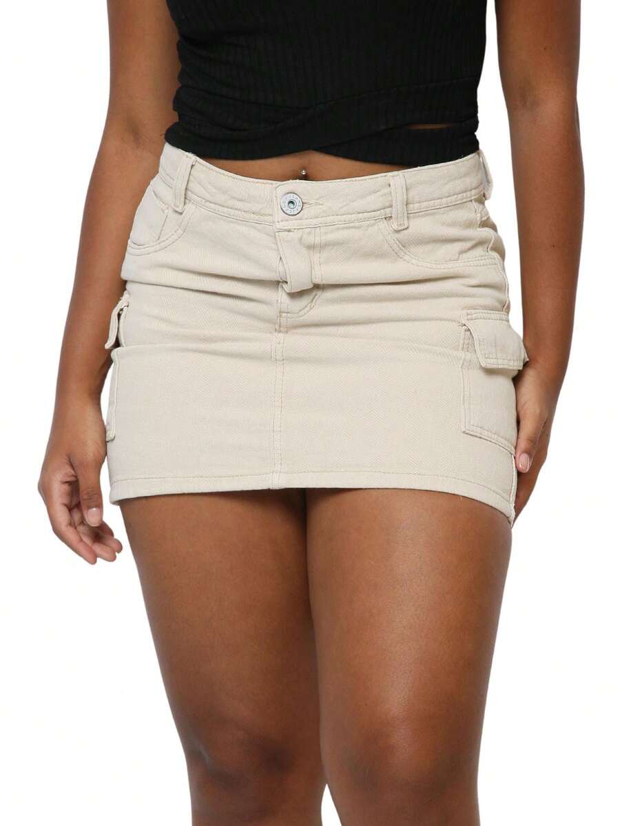 Women's Short Cargo Jeans Skirt - Màu be - Xem 1