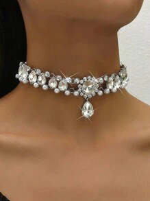 1pc New Fashionable Luxurious Tassel Pearl Crystal Waterdrop Floral Choker Necklace, Suitable For Women, Parties, Dates, Bridal Gifts, Jewelry
