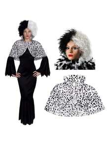 I LOVE FANCY DRESS Gothic Cruell Costume Black Fitted Dress Dalmatian Print Cape And Black And White Wig Womens Halloween Film Book Evil Villain Fancy Dress Costume Sexy Deville De Ville Inspired Outfit