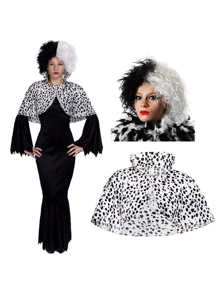 I LOVE FANCY DRESS Gothic Cruell Costume Black Fitted Dress Dalmatian Print Cape And Black And White Wig Womens Halloween Film Book Evil Villain Fancy Dress Costume Sexy Deville De Ville Inspired Outfit
