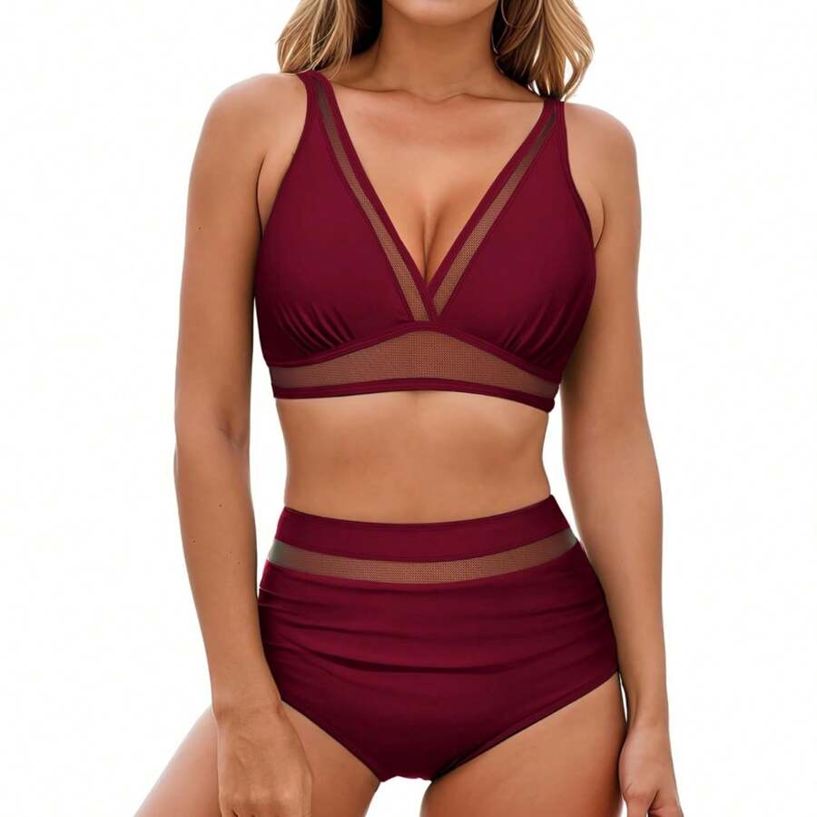 Local Delivery | Women's Bikini Sets Two Piece Swimsuit High-Waisted Ruched Bathing Suit With Tummy Control V Neck Mesh Swim Suits Swimwear - 紅色 - 查看 1