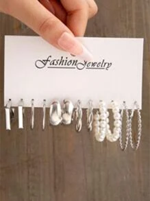 48pcs-12pcs Fashionable Minimalist Elegant Silver Geometric Faux Pearl C Shaped Spiral Twist Flower Heart Multi-Layer Women Party Earring Set, Birthday Holiday Date Accessory