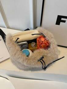 1 件优雅毛绒时尚旅行背包，大容量可爱背包，迷你可爱毛绒背包，时尚毛绒旅行背包，适合女孩和女士的可爱校园背包，完美的生日礼物 - 杏色 - 查看 3