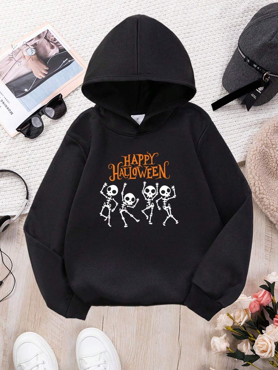 Tween Girl Skeleton And Letter Print Casual Loose Sweatshirt For Autumn - Black - View 1