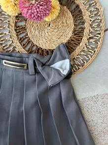 Women's Tailored Pleated Skirt Shorts With Zip And Belted Waist - Màu xám đen - Xem 3