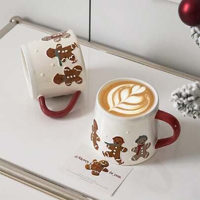 1 件 320 毫升手绘姜饼人陶瓷杯，多种姜饼和滑雪图案，适合圣诞节家庭聚会、晚餐、水杯、咖啡杯、早餐杯、节日礼物、圣诞装饰