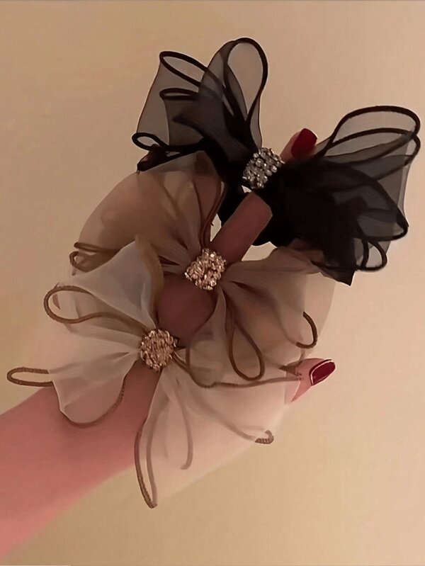 1/3 Sets Women Rhinestone & Mesh Bowknot Hair Ties Scrunchie, Elegant Accessories