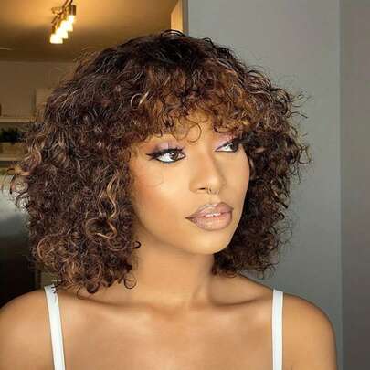 180% 密度真人假发挑染金色杰瑞卷发短波波头真人假发带刘海彩色巴西深卷发无蕾丝假发女士