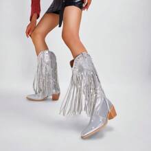 Women's Rhinestone Fringe Cowgirl Boots, Sparkly Western Cowboy Boots Pointed Toe Knee Block Chunky Middle Heel Pull On Mid Calf Knee High Boots For Women Girl Party - 銀色 - 查看 4