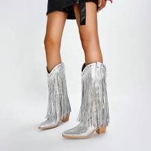 Women's Rhinestone Fringe Cowgirl Boots, Sparkly Western Cowboy Boots Pointed Toe Knee Block Chunky Middle Heel Pull On Mid Calf Knee High Boots For Women Girl Party - 銀色 - 查看 3
