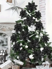 5/10 Pcs, Black Christmas Tree Ornaments - Poinsettia Christmas Tree Decorations Christmas Ornaments Glitter Artificial Christmas Flowers, DIY Wreath, Home Decorations, Wedding Party, Christmas Gift Decorations, Christmas Ornaments Holiday Party Supplies,,Christmas