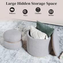 Round Ottoman With Storage Set Of 2, Boucle Vanity Stool For Makeup, Boucle Round Storage Ottoman,Multifunctional Foot Rest Coffee Table Seat For Living Room, Bedroom - Xám - Xem 3