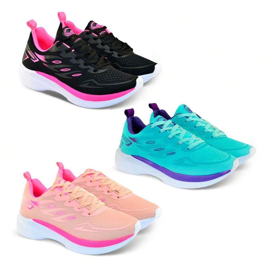 Kit 3 Pairs Of Women's Sports Tennis Shoes For Gym Running-Training Work Light Comfortable - PTO-粉紅/玫瑰粉紅/綠色 - 查看 1