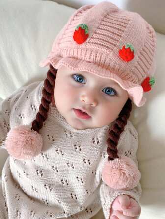 1pc Cute Strawberry Baby Hat With Faux Hair, Ear Ion, Pompom,Knitted Winter Cap For Girls, Windproof, Thick, Cozy, Cute, Warm