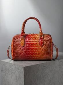 Luxury Crocodile Pattern Handbag, Retro Genuine Purse, Women's Classic Boston Bag & Shoulder Bag - 3#橘子+紅 - 查看 5
