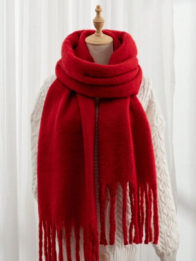 1pc Solid Color Scarf, Winter Warm Neck, Thickened Wool Knitted Thick Fringed Shawl, Can Be Worn