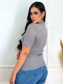 Women's Blouse Modal Knit Blouse Short Sleeve Lace Cropped Knit T-Shirt - 灰色 - 查看 2