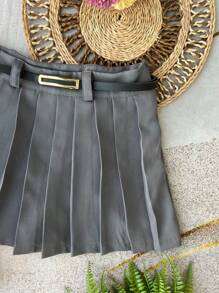 Women's Tailored Pleated Skirt Shorts With Zip And Belted Waist - Màu xám đen - Xem 2