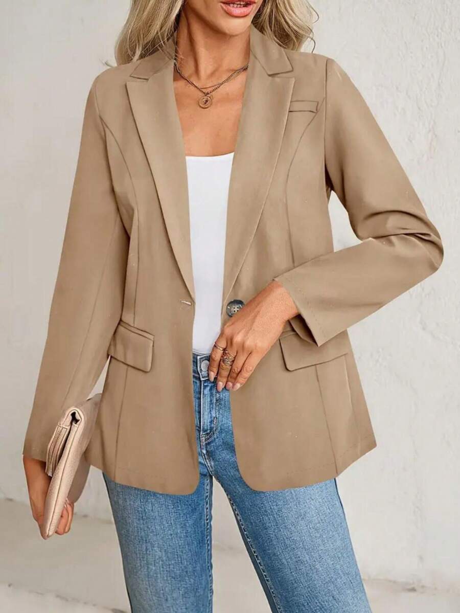 New Autumn Long Sleeve Solid Color Faux Pocket Jacket - Khaki - View 1