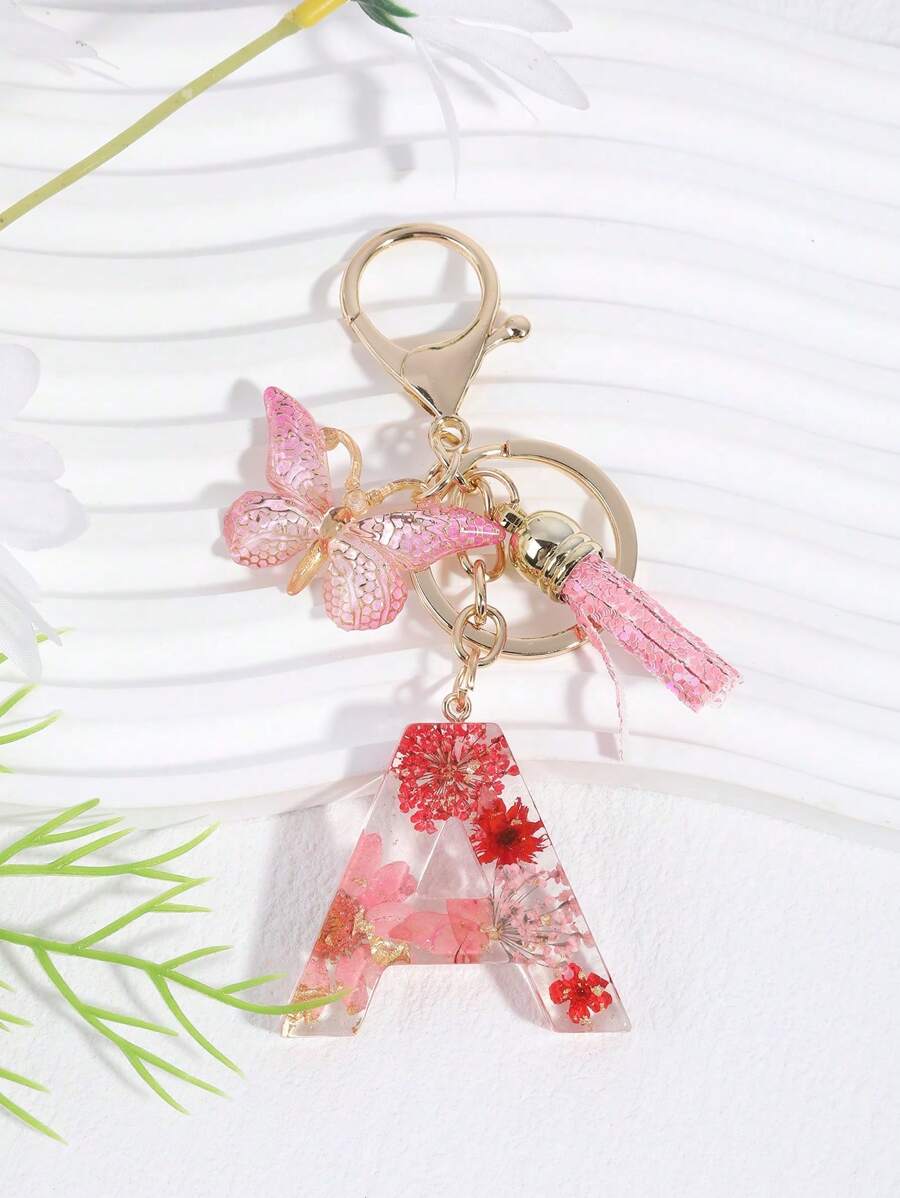1 件字母 & 花朵 & 水晶 & 流苏 & 蝴蝶钥匙扣，时尚包包饰物，配有真正的干花和环氧树脂情人节情人节礼物纪念品汽车配件学校背包万圣节配饰教师节 - 彩色 - 查看 1