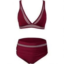 Local Delivery | Women's Bikini Sets Two Piece Swimsuit High-Waisted Ruched Bathing Suit With Tummy Control V Neck Mesh Swim Suits Swimwear - 紅色 - 查看 6