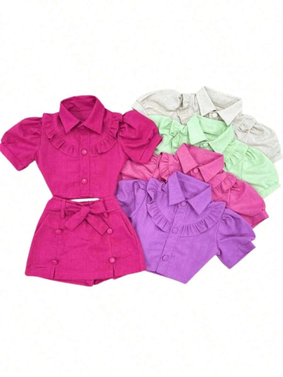 SHEIN KIDS Children's Linen Set Girl Ruffle Princess Sleeve Dress Shirt + Premium Shorts Skirt 2 To 10 Years - Màu tím - Xem 1
