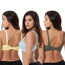 Plus Size Unlined Minimizer Wirefree Bras With Embroidery Lace - Hunter Green,Yellow,Light Blue(3 Pack) - View 2