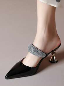 女士時尚閃亮皮革鑲鑽封閉式拖鞋，十字帶，半貼腳拖鞋，夏季休閑法式尖頭高跟涼鞋 - 黑色 - 查看 15