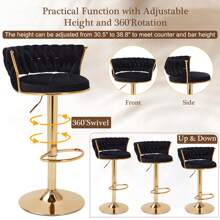 VECELO Bar Stools Set Of 2/Set Of 4, Adjustable Barstools Counter Height Stools With Back And Arm, Velvet Woven Kitchen Island Stools W/Gold Metal Leg & Base, 360° Swivel Bar Chair
