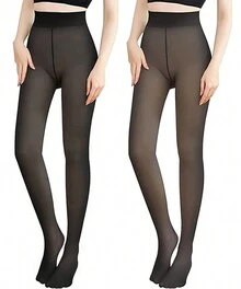DEESTE 2 piezas 80g Leggins Transparentes Color Piel, Medias Ajustadas y Moldeadoras de Térmicas, Leggins Hot con Revestimiento de Terciopelo, Leggings Cálidos, Pantimedias Térmicas para Mujer, Corduroy Pants con Cintura Alta - Negro y marrón (talla única) - Ver 2