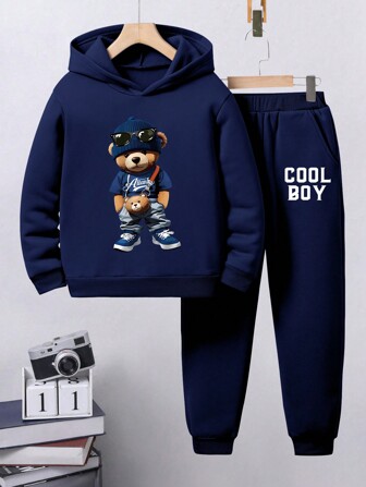 Tween pojkar tecknad björn tryckt hoodie och träningsbyxor Set