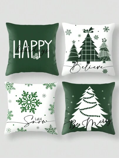 4 件红色和白色松树“HAPPY”装饰抱枕套，多种尺寸方形靠垫套数码印花简约设计，适用于沙发、办公室、家居装饰、汽车礼品、床靠垫