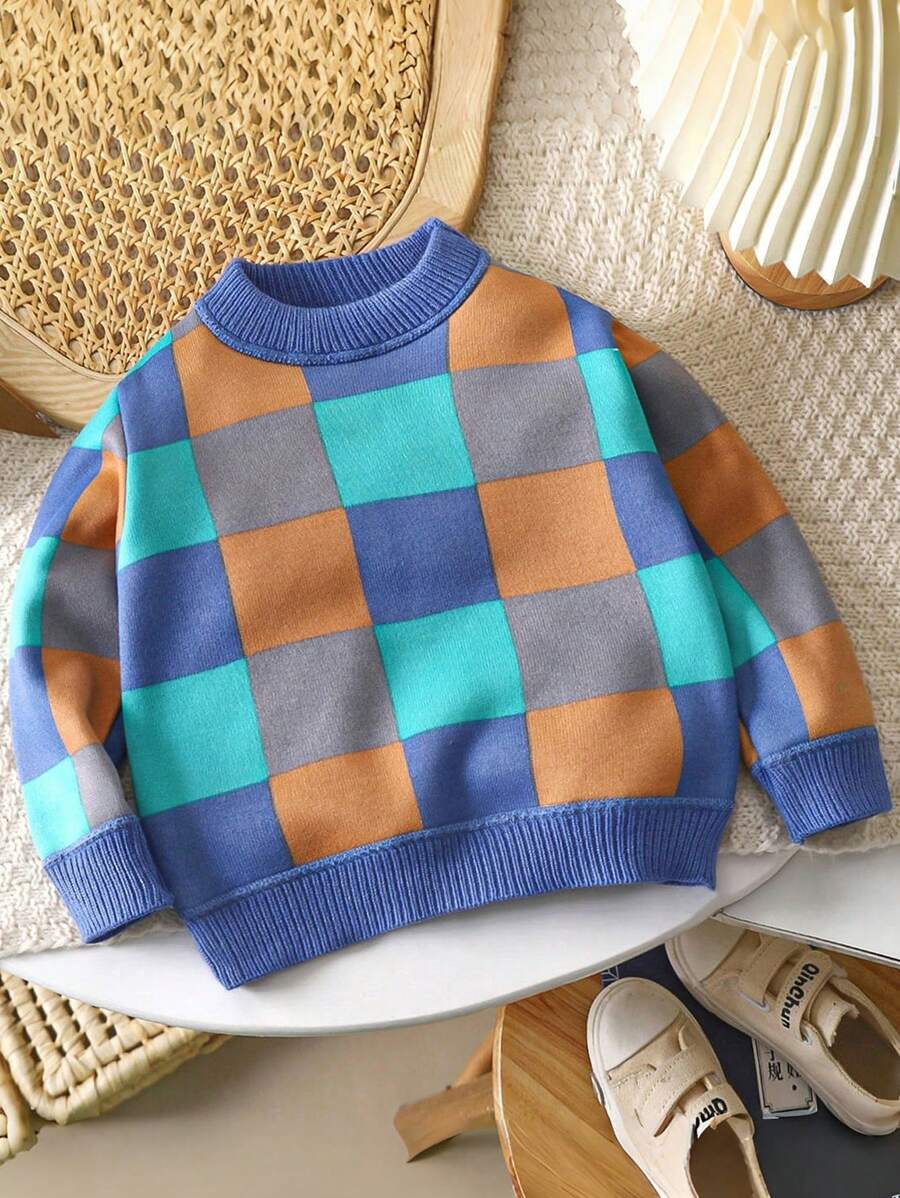 M.Dian xi Kids Sweater New Autumn Winter Boys Children Cartoon Round Neck Knitted Thick Fleece Pullover Tops For Outerwear - Blue - View 1