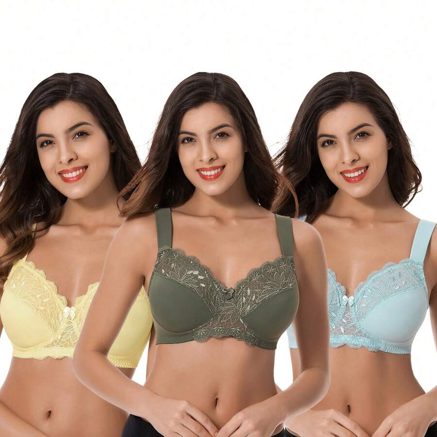 Plus Size Unlined Minimizer Wirefree Bras With Embroidery Lace - Hunter Green,Yellow,Light Blue(3 Pack) - View 1