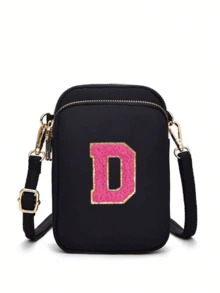 2 Peças Bolsa Transversal Fashion Casual Mini para Caminhada com Bolsa de Tecido para Celular, Porta-moedas Vertical para Mulheres e Meninas, Presentes para Volta às Aulas, Outono e Inverno, Dia dos Namorados (Adesivos de Letra DIY) - Preto - Visão 18