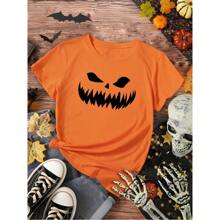Women's Halloween Pumpkin Print T-Shirt - 橘色 - 查看 1
