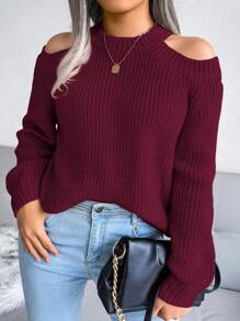 Casual Round Neck Open Shoulder Solid Color Long Sleeve Knit Pullover,Long Sleeve Tops - Burgundy - View 4