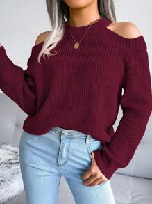 Casual Round Neck Open Shoulder Solid Color Long Sleeve Knit Pullover,Long Sleeve Tops - Burgundy - View 3