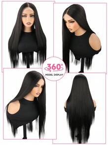 30 tums rak peruk, långa hår peruker svarta syntetiska peruker T del spets främre peruk Förplockade rakt hår peruker för kvinnor 30 tum limlösa peruker - Svart - Visa 8