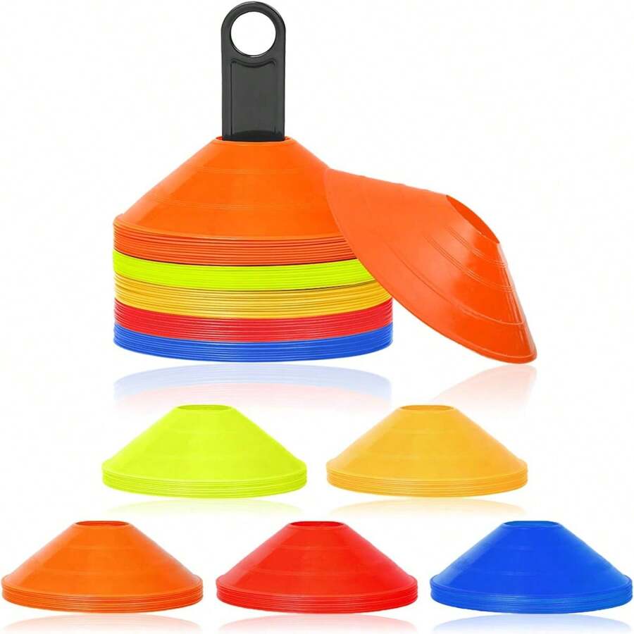 YUENFONG set di coni per marcatura 50 pezzi coni da calcio, accessori per allenamento, coni per marcaturaAdatto per calcio, cricket, rugby, hockey, tennis e molti altri sport