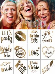 12 Blatt Flash Gold Metallic Tattoos, Jubel Junggesellinnenabschied temporäre Tattoos für Frauen Männer Erwachsene Mädchen Junggesellinnenabschied Party, Geschenkzubehör Gold Sommersprossen Dekorationen für Hochzeit Brautjungfern Stammesliebes-Kuss-Set