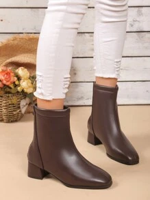 New Autumn And Winter Square Toe Boots Thick Heels And Ankle Boots British Style Zipper Heightening Short Boots For Women Thick Heels Western Style And Ankle Boots For Women Mid-Heel Zipper Women Boots - Coffee Brown - View 4