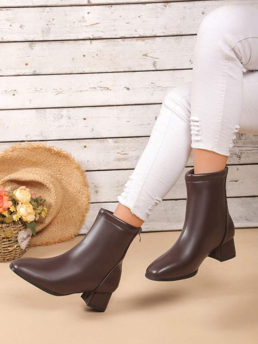 New Autumn And Winter Square Toe Boots Thick Heels And Ankle Boots British Style Zipper Heightening Short Boots For Women Thick Heels Western Style And Ankle Boots For Women Mid-Heel Zipper Women Boots - Coffee Brown - View 1
