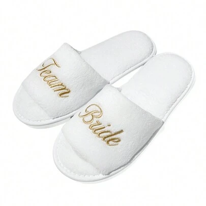 Women's 28cm Length Embroidered "Team" And "Bride" Slip-On Slippers With Coral Fleece Upper And 5mm Thick Comfortable EVA Sole, For Wedding Use, Bride And Bridesmaid